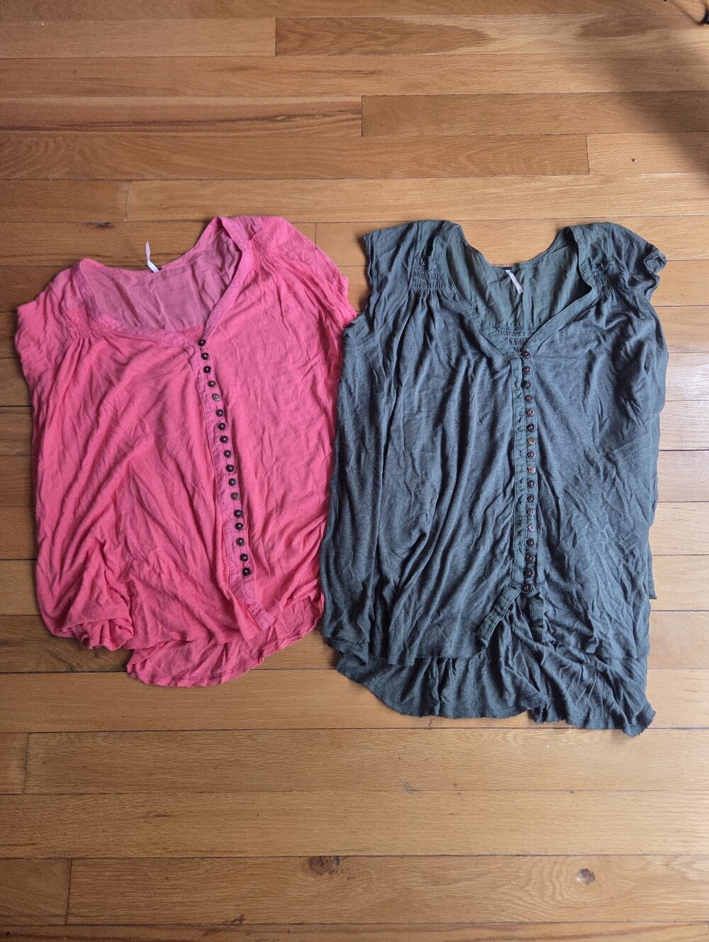 Free People Highland Tops Short-Sleeve Button Front Tops in Pink and Olive